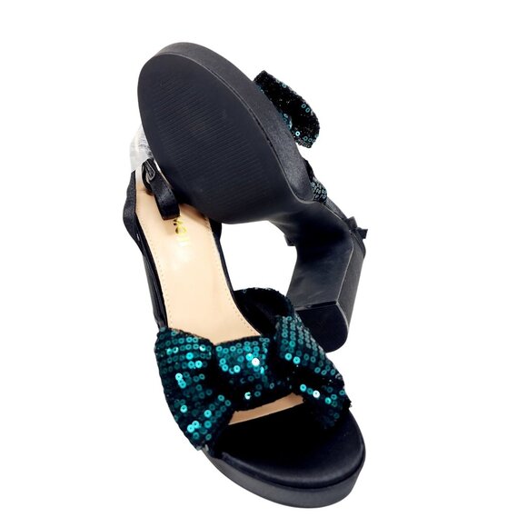 Amoji Womens Sequin Bow High Heel Sandals Black/Green Size 38 /US 8 - Picture 8 of 16